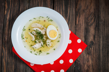 Chicken soup with noodles, carrots, eggs 