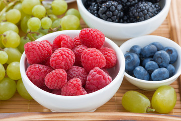 bowl of raspberries, fresh berries and green grapes 