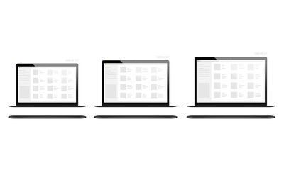 Laptop or notebook slim black design display size 11, 12 and 13 inches mock up, screen template illustration isolated on white background