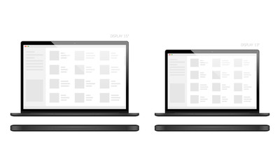 Laptop or notebook black design display size 13 and 15 inches mock up, screen template illustration isolated on white background