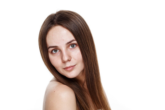 NO MAKEUP Natural Clean Face of Young Brunette Girl Without No makeup. Studio Portrait White Isolated