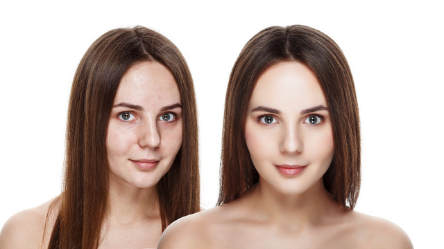 Beautiful young brunette model before and after make-up applying. Comparison portrait. Two faces of model girl face with and without makeup. Isolated on white. Space for text. Ideal for commercial