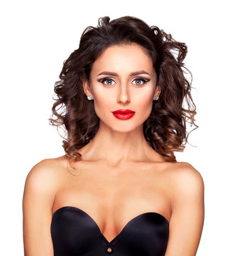 Young women with professional makeup and hairstyle in black luxu