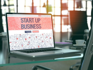 Start Up Business Concept. Closeup Landing Page on Laptop Screen in Doodle Design Style. On Background of Comfortable Working Place in Modern Office. Blurred, Toned Image. 3D Render. - obrazy, fototapety, plakaty