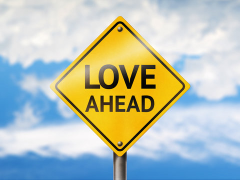Love ahead road sign. Blue sky and yellow traffic sign