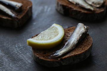 Snacks with sardines on black rye sliced bread. Riga traditional delicious dish. Smoked sprats on dark background.