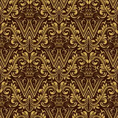 Damask seamless pattern repeating background. Gold brown floral ornament with W letter and crown in baroque style. Antique golden repeatable wallpaper.