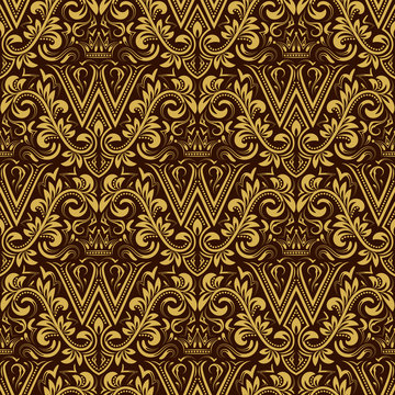 Damask seamless pattern repeating background. Gold brown floral ornament with W letter and crown in baroque style. Antique golden repeatable wallpaper.