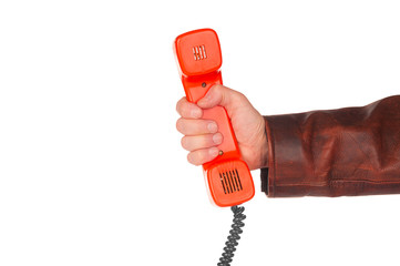 Man holding retro phone tube isolated on white background