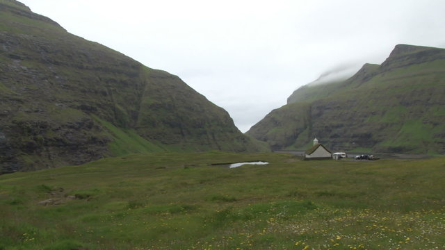 Pan across the village of Saksun on the Faroe Islands