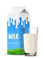 Glass of milk with gable top package close up. Cow milk carton and milk cup isolated on white background. Vector illustration for milk, food service, dairy, beverages, gastronomy, health food, etc