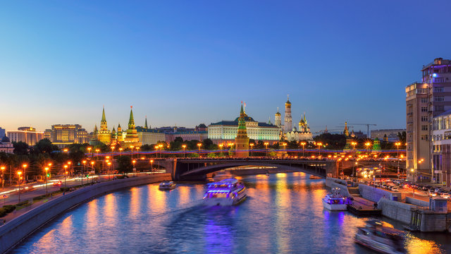 Moscow Kremlin illumination, view from the bridge in the evening. Russia.