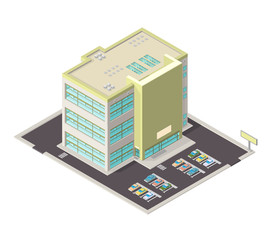 Office building with grounds and cars - Place of Work concept.
Isometric vector illustration of a large Office with carpark.