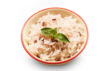 selective focus rice,leaf in bowl on white background.