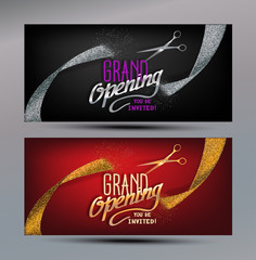 Grand Opening banners with abstract gold and silver ribbons and scissors