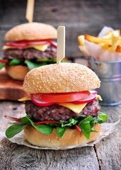 Homemade beef burger with vegetables and french fries.