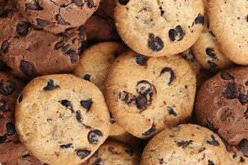 Cookies with chocolate chip assorted. Close up background. Top v