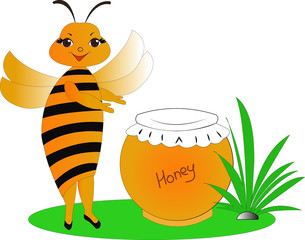 cheerful happy smiley bee with honey jar