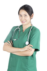 Beautiful smiling young nurse in surgery uniform  Isolated on wh