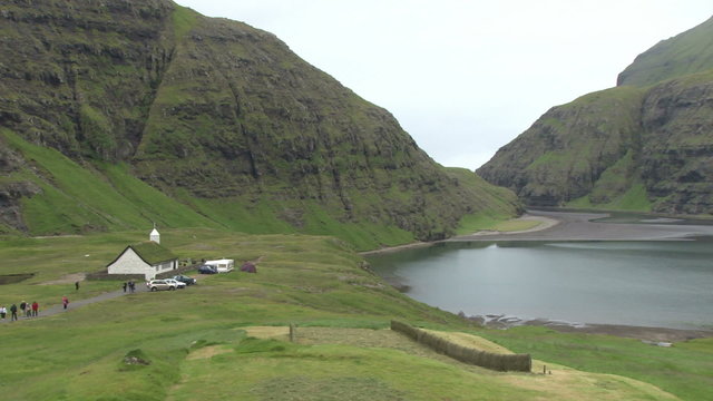 Pan across the village of Saksun on the Faroe Islands