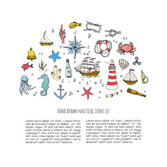 Hand drawn doodle Boat and Sea set Vector illustration boat icons sea life concept elements Ship symbols collection Marine life Nautical design Underwater life Sea animals Sea map Spyglass Magnifier