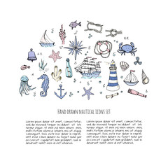 Hand drawn doodle Boat and Sea set Vector illustration boat icons sea life concept elements Ship symbols collection Marine life Nautical design Underwater life Sea animals Sea map Spyglass Magnifier