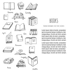 Hand drawn doodle Books Reading set Vector illustration Sketchy book icons elements Vector symbols of reading and learning Book club illustration Back to school Education University College symbols
