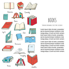Hand drawn doodle Books Reading set Vector illustration Sketchy book icons elements Vector symbols of reading and learning Book club illustration Back to school Education University College symbols