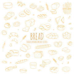 Hand drawn doodle set of cartoon food: rye bread, ciabatta, whole grain bread, bagel, sliced bread, french baguette, croissant Bread set Vector illustration Sketchy bread elements collection