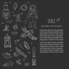 Hand drawn doodle Space and Cosmos set Vector illustration Universe icons Space concept elements Rocket Space ship symbols collection Solar system Planets Galaxy Milky Way Astronaut Tech freehand icon