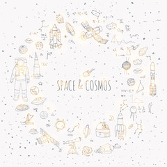 Fototapeta na wymiar Hand drawn doodle Space and Cosmos set Vector illustration Universe icons Space concept elements Rocket Space ship symbols collection Solar system Planets Galaxy Milky Way Astronaut Tech freehand icon