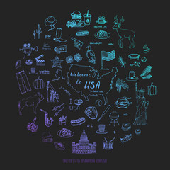 Hand drawn doodle USA set Vector illustration Sketchy american icons United States of America elements Flag Statue of Liberty Eagle Fast food Corn Skyscraper Deer Bison Cowboy hat boot Native American