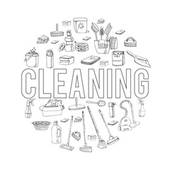 Hand drawn vector cleaning service icons set, Clean symbols, tools, Detergent, broom, sponge, mop, dust pan, brush, bleach, duster, washing liquid, vacuum cleaner, doodle icons, sketch House cleaning