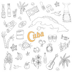 Set of hand drawn Cuba icons, Cuban sketch illustration, doodle elements, Isolated national elements made in vector. Travel to Cuba icons for cards and web pages Caribbean cartoon icons collection