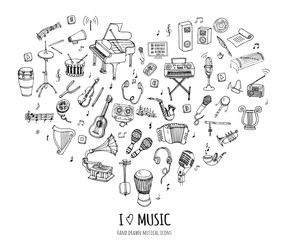 Hand drawn doodle Music set Vector illustration musical instrument and symbols icons collections Cartoon sound concept elements Music notes Piano Guitar Violin Trumpet Drum Gramophone Saxophone Harp