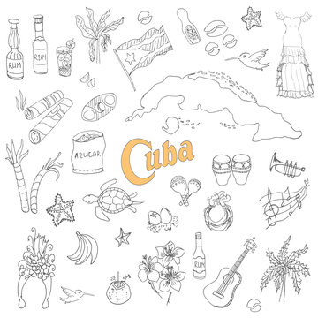 Set of hand drawn Cuba icons, Cuban sketch illustration, doodle elements, Isolated national elements made in vector. Travel to Cuba icons for cards and web pages Caribbean cartoon icons collection