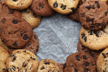 Cookies with chocolate chip assorted. Close up background. Top view