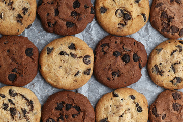 Cookies with chocolate chip assorted. Close up background. Top view