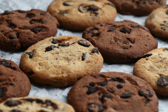 Cookies with chocolate chip assorted. Close up background