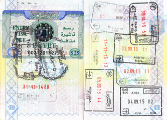 Passport stamps of Egypt, Greece, Bulgaria, France, Italy, Romania, Croatia, Bosnia and Herzegovina