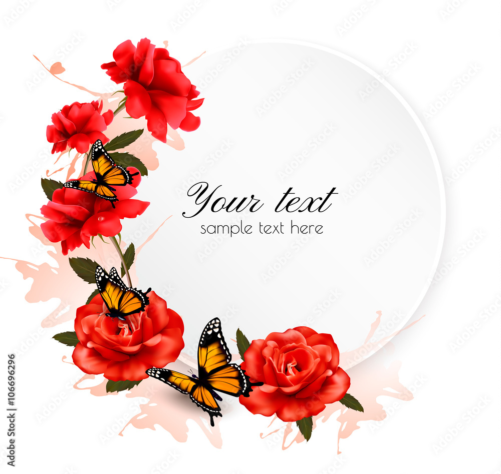 Poster holiday background with red flowers and butterfly. vector.