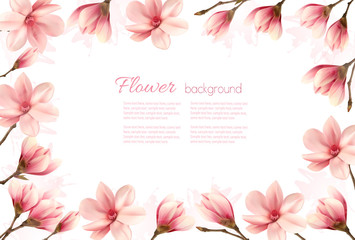 Fototapeta premium Flower background with a border of pink magnolia blossoms. Vecto