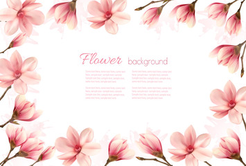 Flower background with a border of pink magnolia blossoms. Vecto
