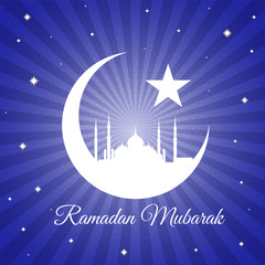 Ramadan mubarak - moon star and masjid on violet blue light vector background