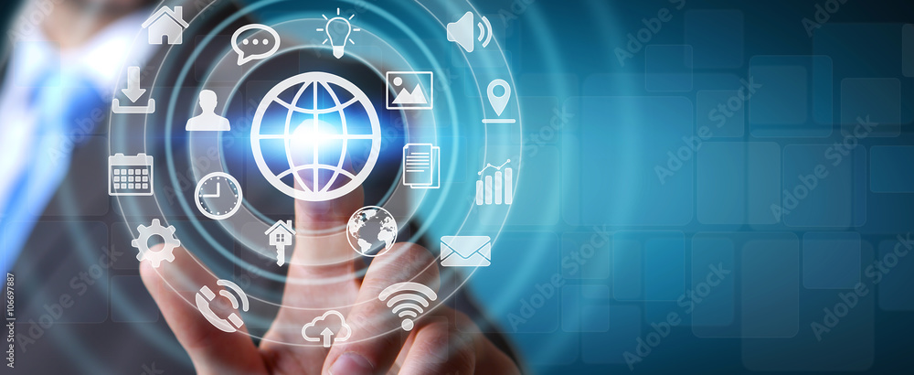Poster businessman using digital tactile screen interface with web icon