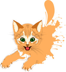 Ginger cat grunge, cheerful kitten, vector illustration