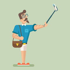 Selfie Stick Happy Cartoon Hipster Geek Mobile Phone Businessman Character Icon on Stylish Background Flat Design Vector Illustration