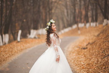 Beautiful bride posing in park and forest autumn