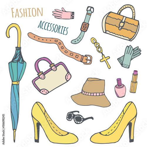 "Hand drawn beautiful collection of trendy women accessories. Fashion set. Vector isolated