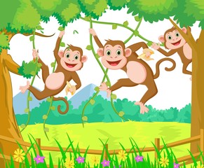 happy monkey cartoon playing in the forest